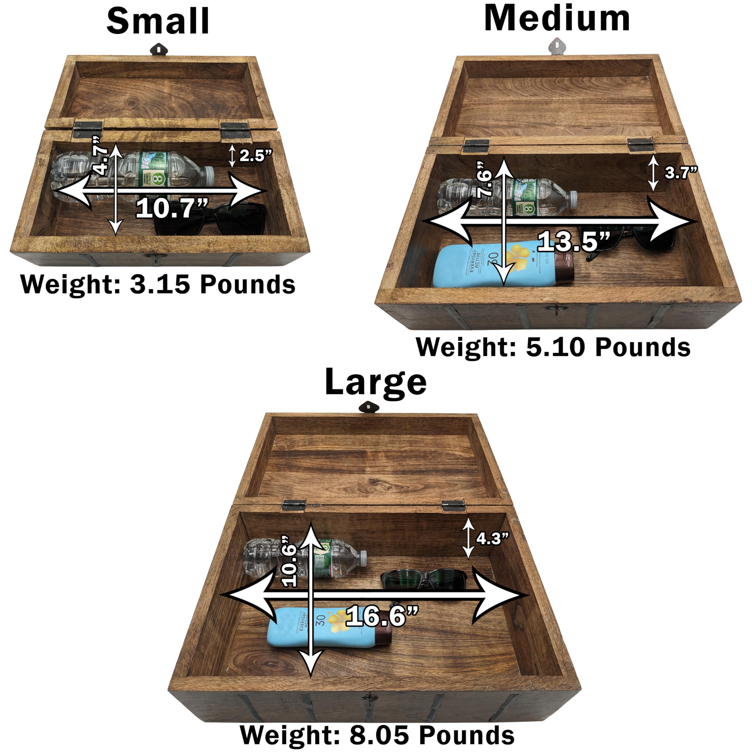 SciencePurchase Set of 3 Nesting Wooden Pirate Treasure Chests (Small, Medium, and Large), Hinged Storage Boxes Decorated with Grey Metal Accents, Black Hasps for Locks