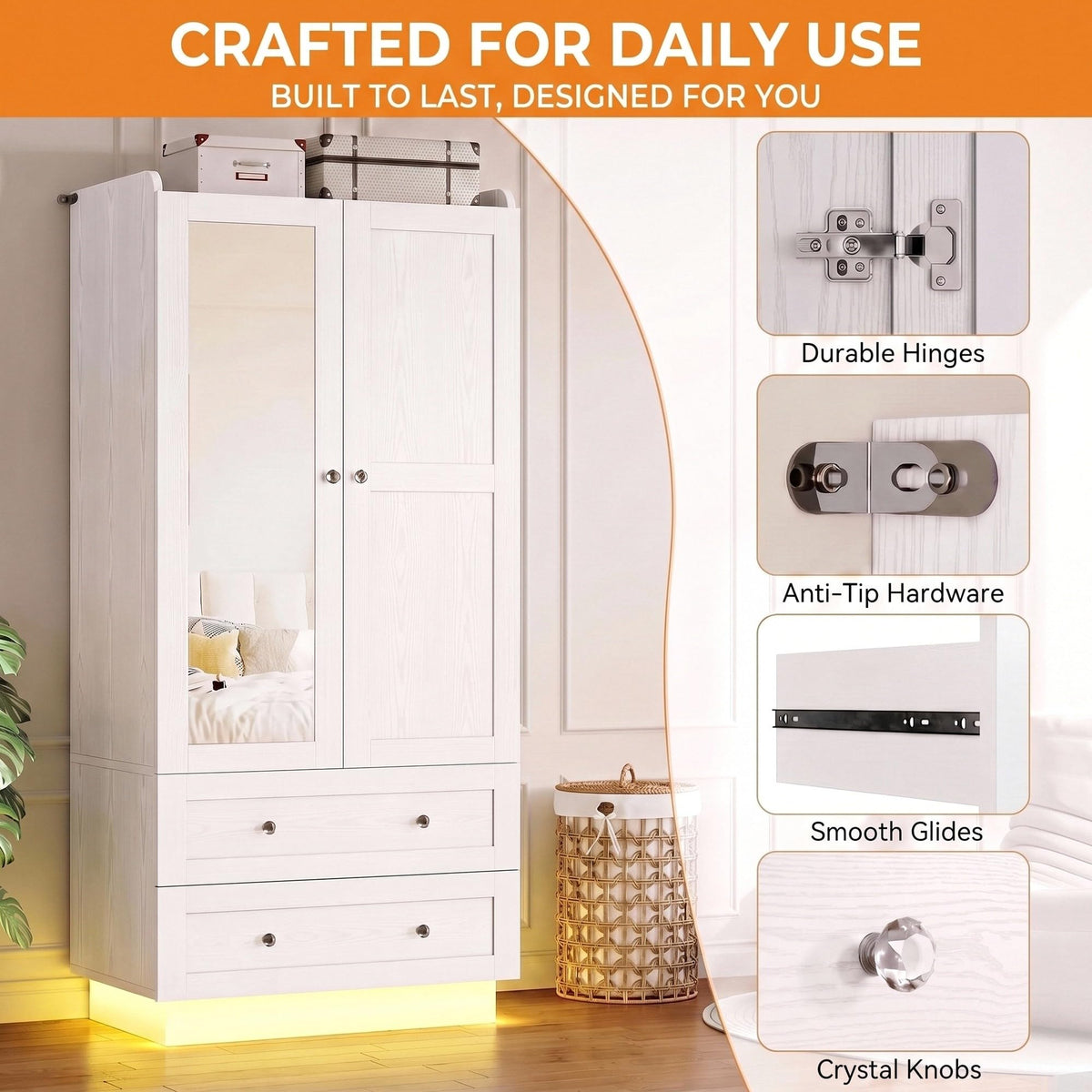 IRONCK Wardrobe Closet with Mirror, Drawers and LED Lights, White