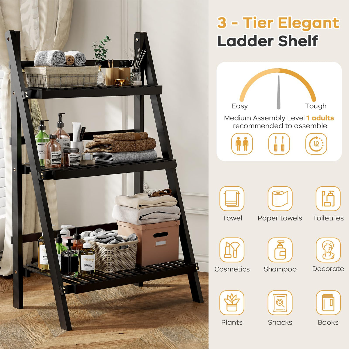 39.4" Foldable Ladder Shelf Plant Shelf, 3 Tier Bamboo Ladder Bookshelf