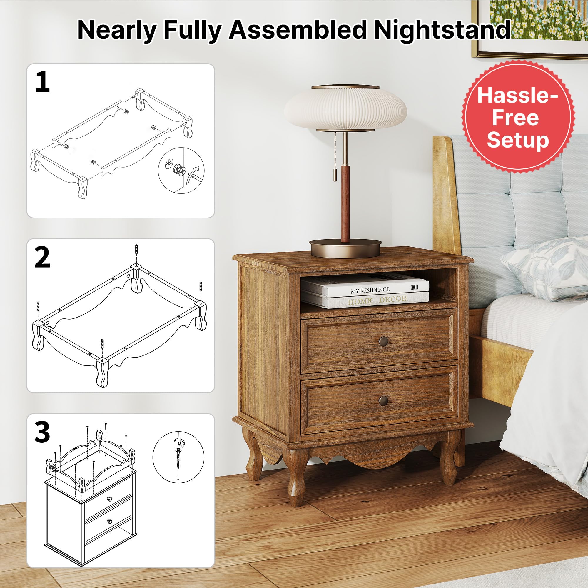 Nightstand with 2 Drawers, Open Shelf & Charging Station