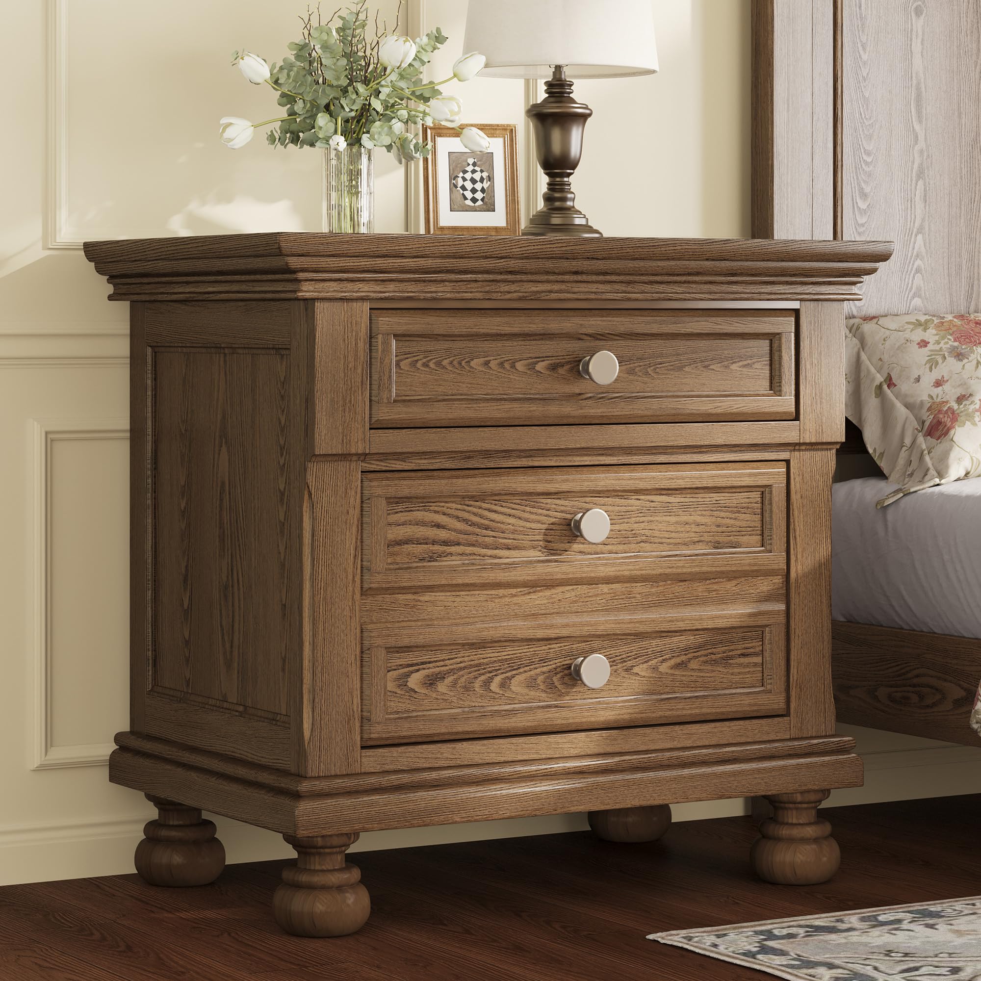 AMERLIFE Solid Wood 3 Piece Bedroom Set Including 65.2" High Queen Bed Frame, Fully Assembled Nightstands Set of 2 with 2 Storage Drawers for Bedroom, Light Brown