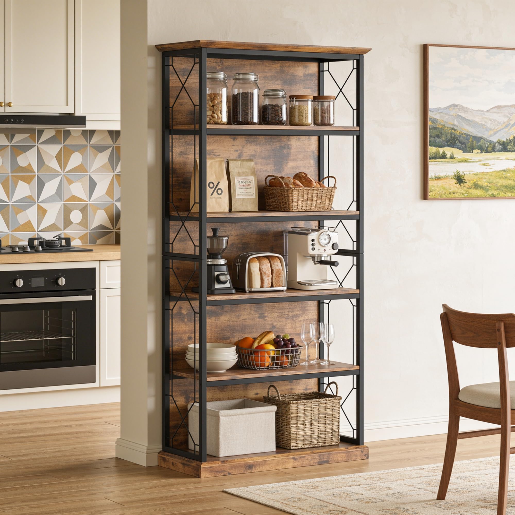 IRONCK 71 Inch Industrial Bookshelf, 5 Tier Tall Bookshelf and Bookcase to Display and Collect, Thicken Wood Rustic Book Shelf with Thicken Metal Frame for Living Room and Bedroom, Rustic Brown