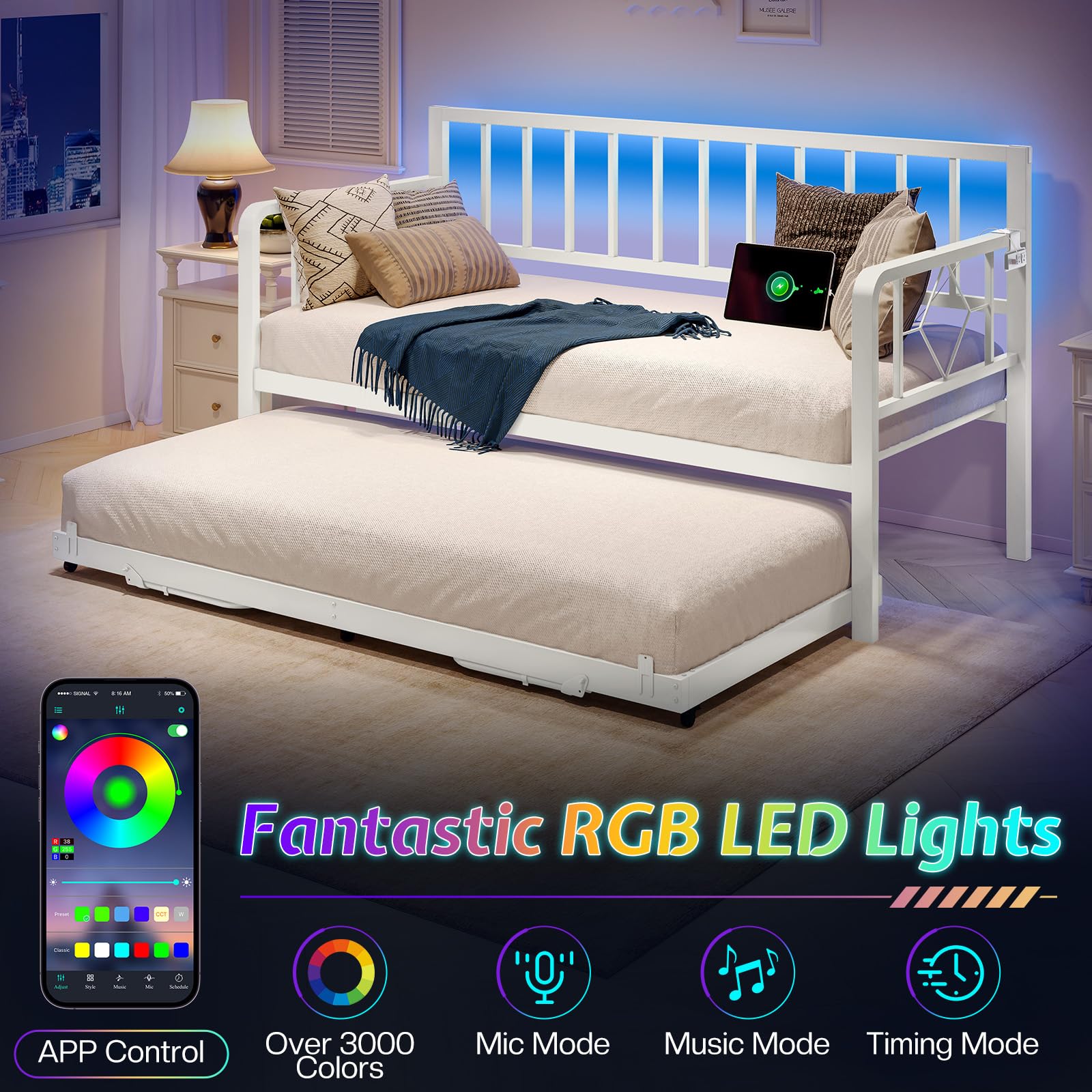 Twin Daybed with Trundle, Charging Station & LED Lights