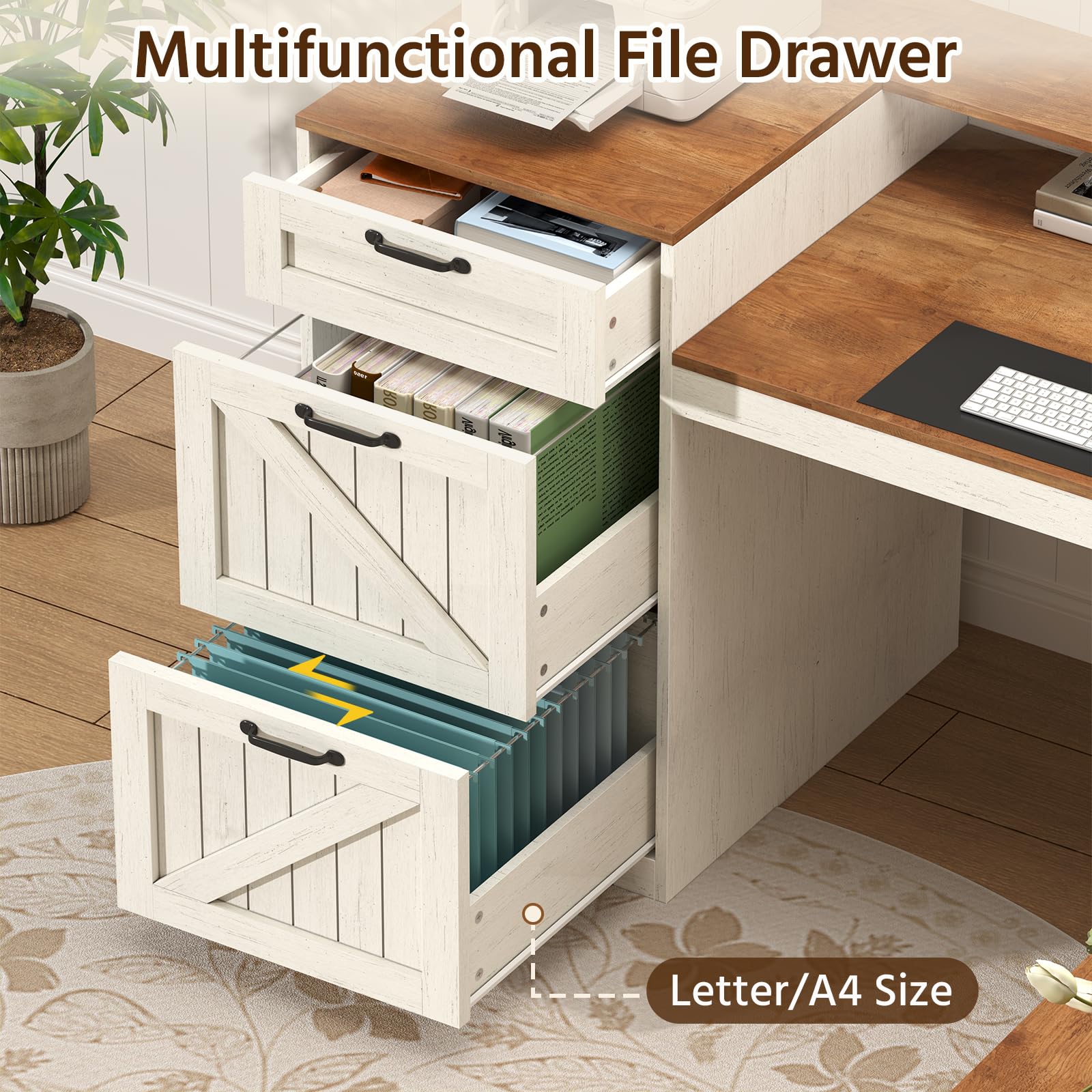 Farmhouse L-Shaped Desk with Drawers, Storage & Power Outlet