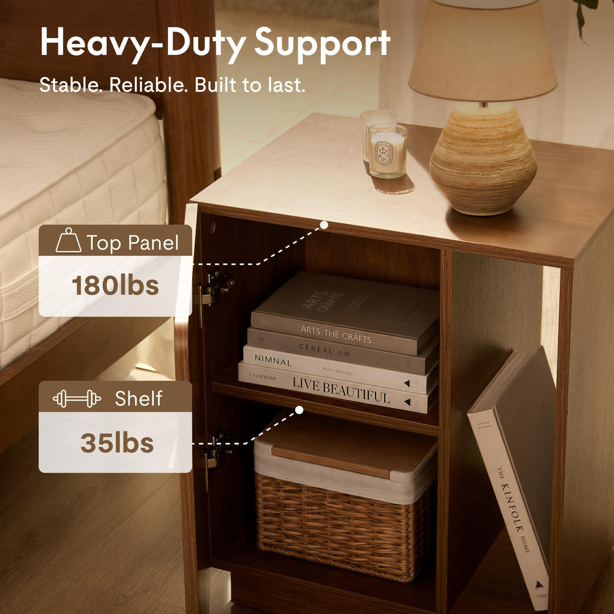 FLEXISPOT Walnut Finish Nightstand with Charging Station, Minimalist Style