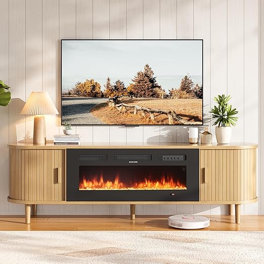 70" Fluted Fireplace TV Stand with Sliding Doors & Solid Wood Legs