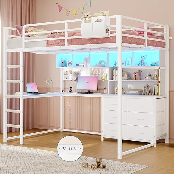 Full Size Loft Bed with L-Shaped Desk & Storage