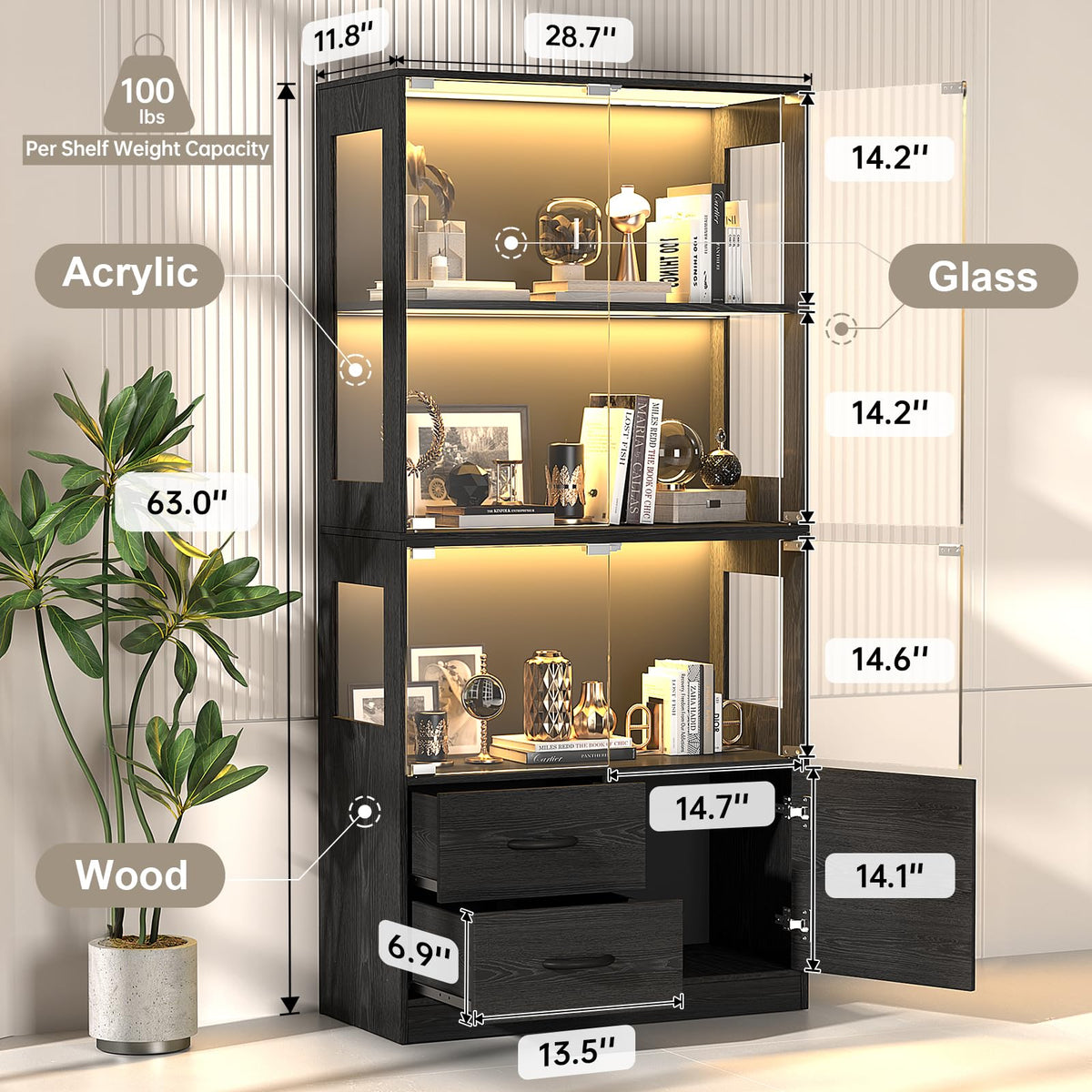 VersionTECH. Glass Display Cabinet, 4-Tier Curio Cabinet for Collectibles