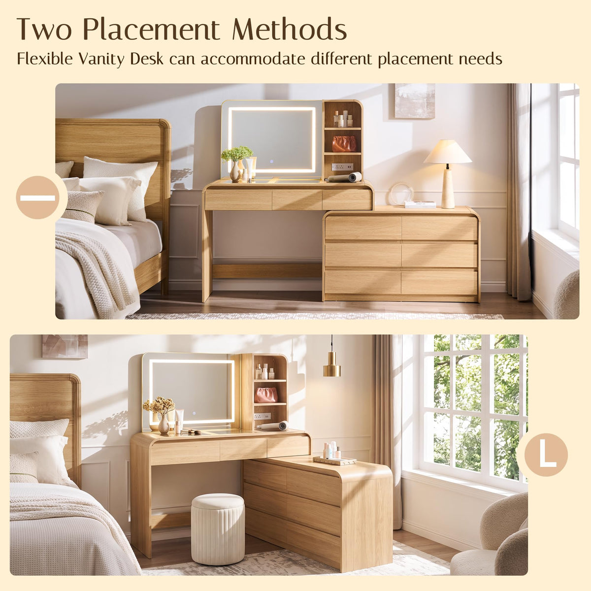 76" L-Shaped Vanity Desk with Mirror and Lights & Power Outlet, Natural