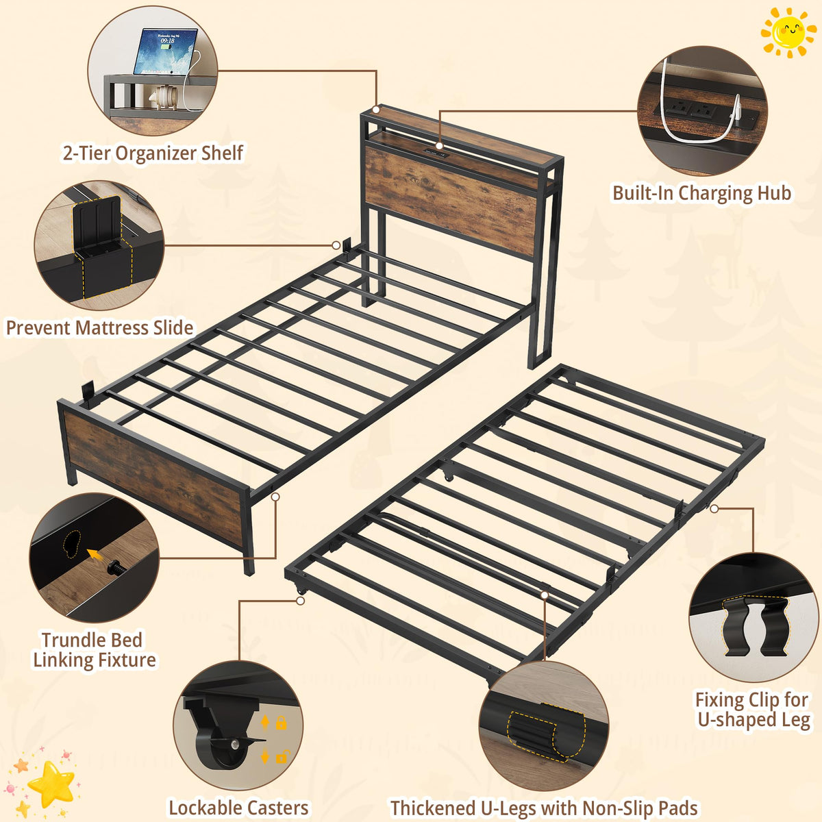 IRONCK Twin Daybed with Trundle Bed & Storage Headboard & Charging Station