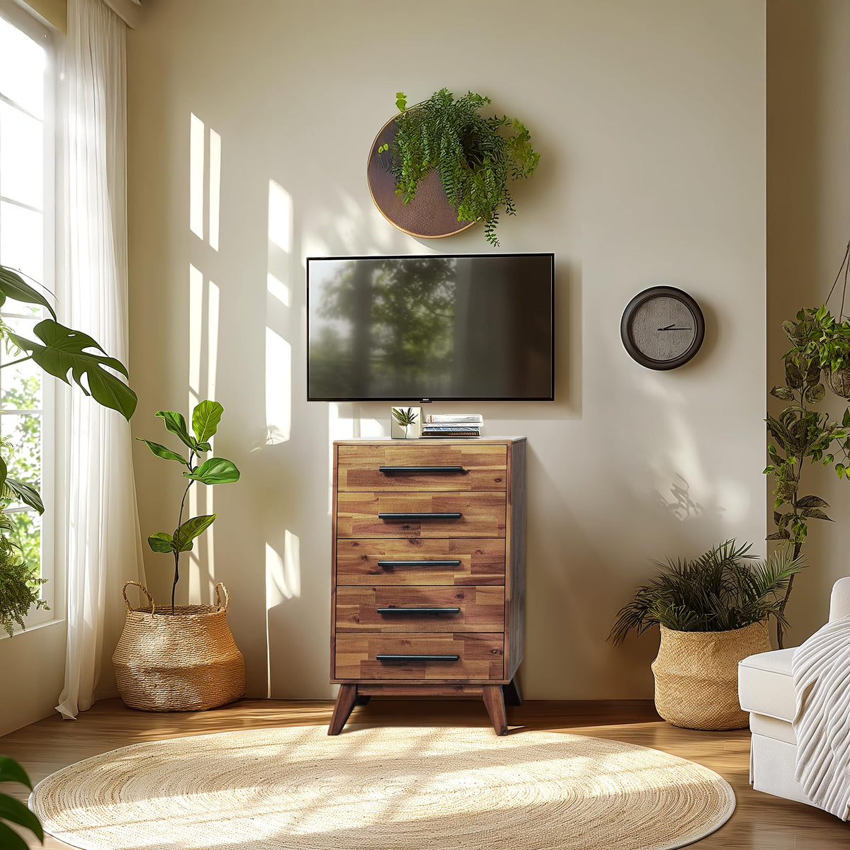 Acacia Linea 26" 5-Drawer Solid Wood Dresser, Chest of Drawers, Walnut
