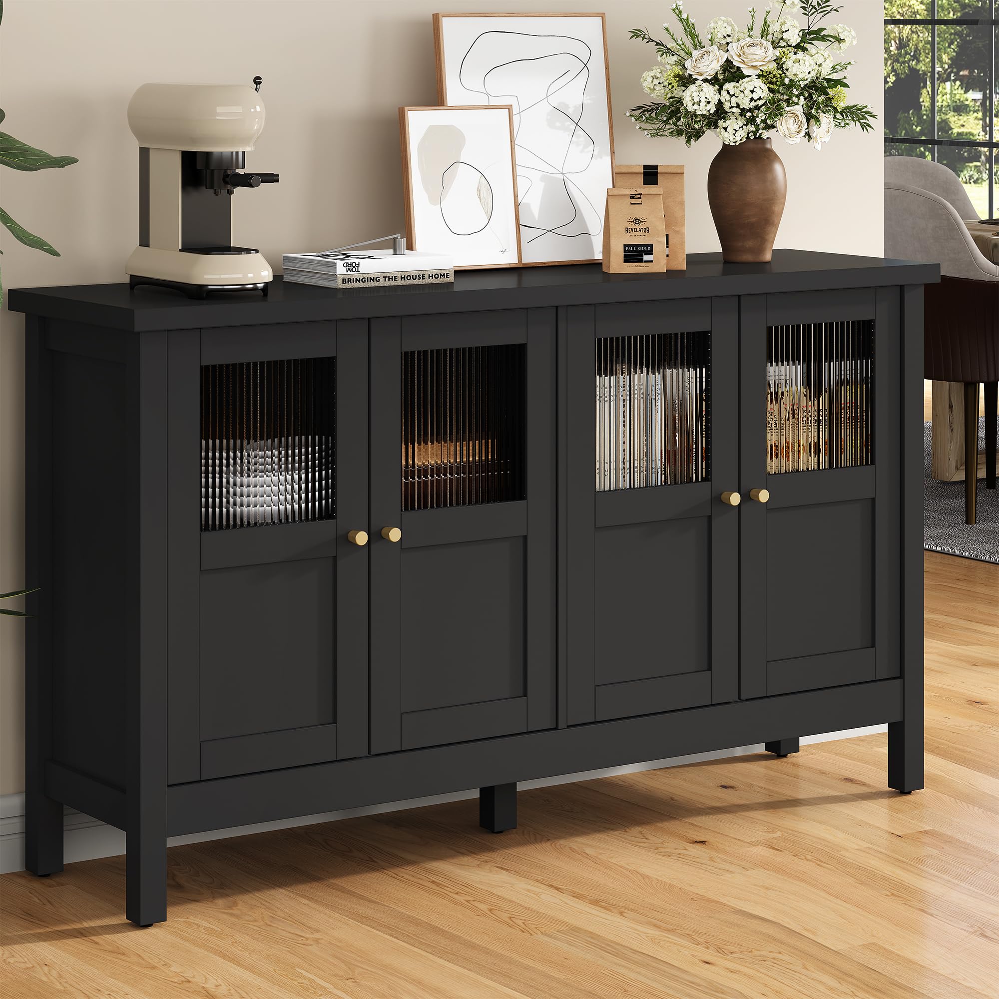 RoyalCraft Buffet Cabinet with Storage, Modern Sideboard with 4 Acrylic Doors & Adjustable Shelves, Wood Credenza Accent Coffee Bar Table for Kitchen, Dining Room, Living Room, Entryway, Black