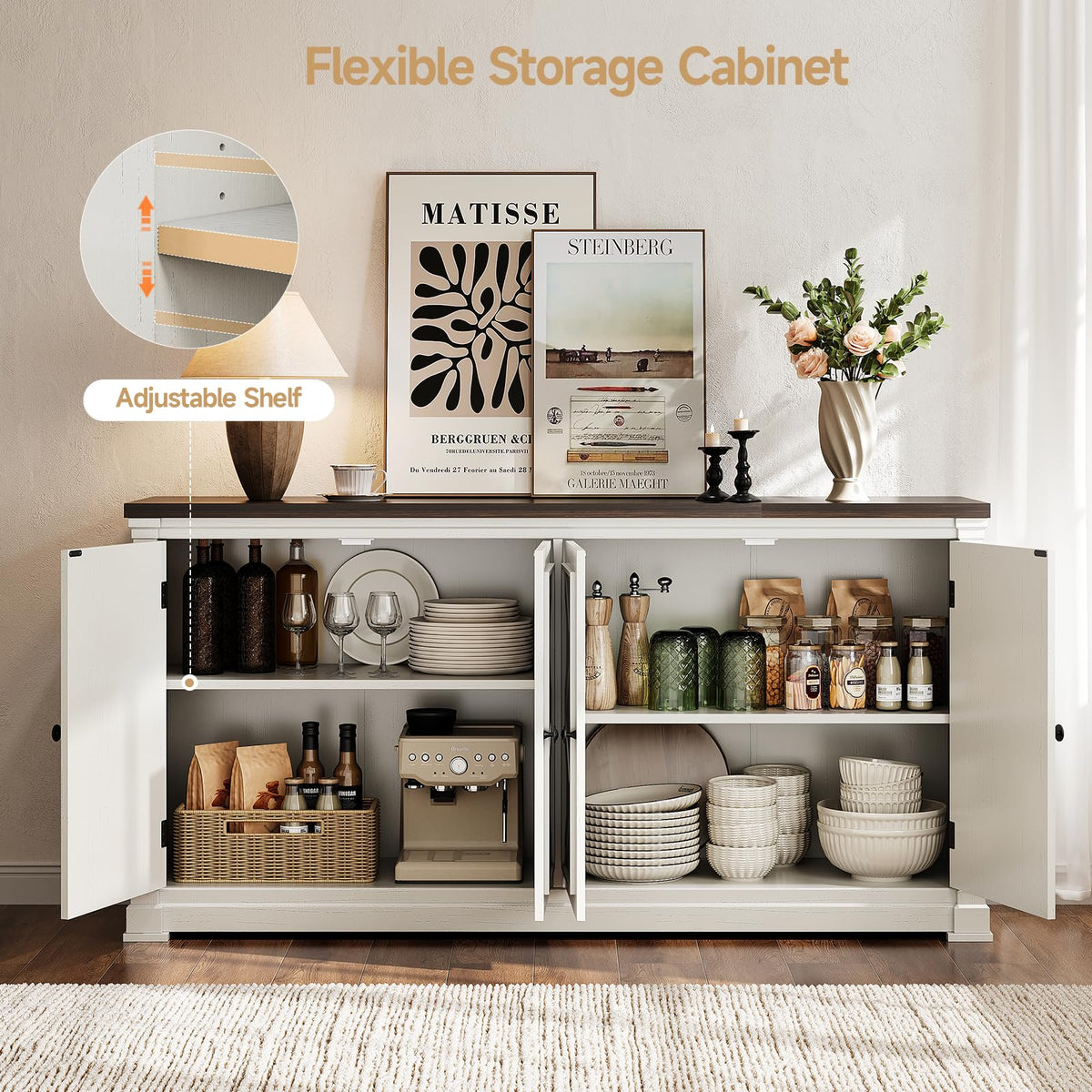 ONBRILL 63 Inch Buffet Cabinet with Storage, 4 Barn Doors, Off White