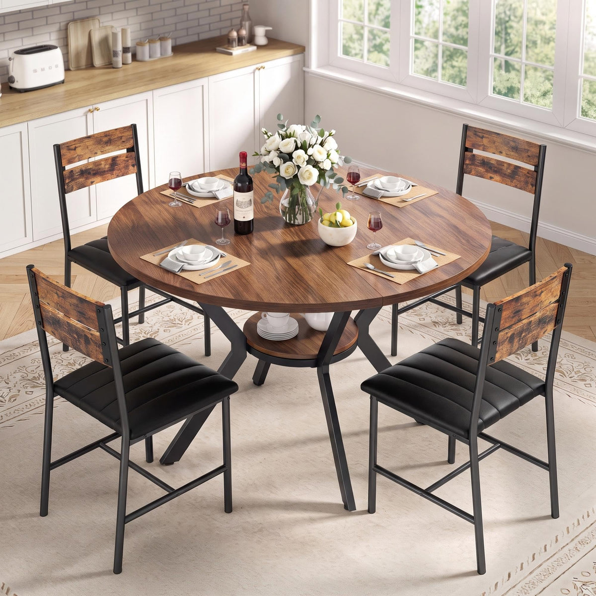 IRONCK Round Dining Table Set for 4, Kitchen Table Set, Walnut