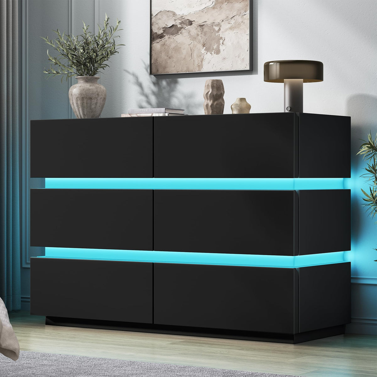Jocoevol 6 Drawer Dresser with LED Lights, Modern Black Dresser for Bedroom