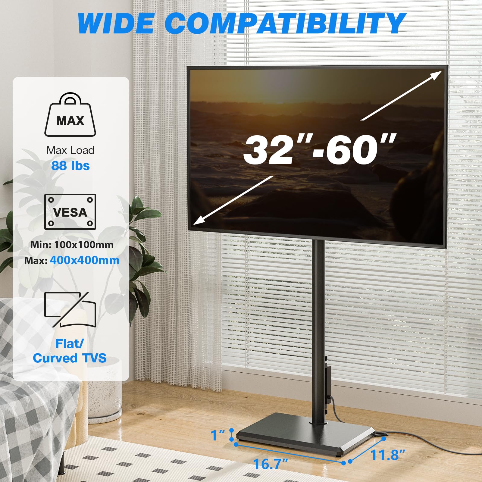 Swivel Floor TV Stand with Power Outlet, Height Adjustable, 32–60 Inch TVs