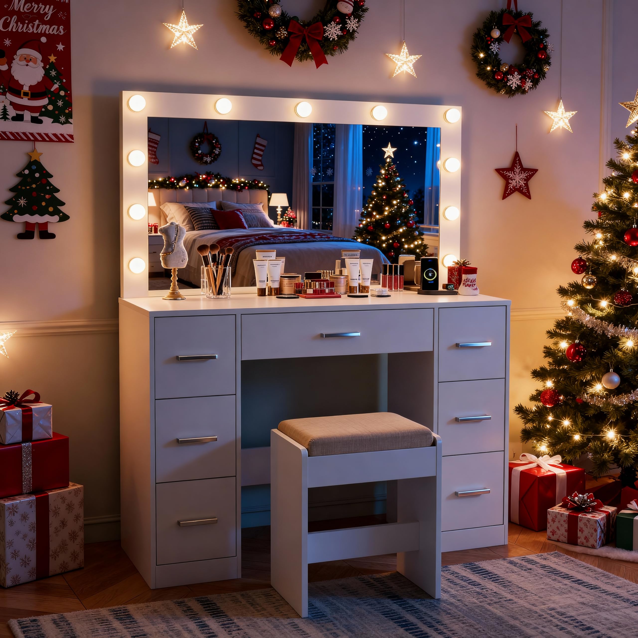 WLIVE White Vanity Desk with Chair, Adjustable Mirror and 3 Color Lights