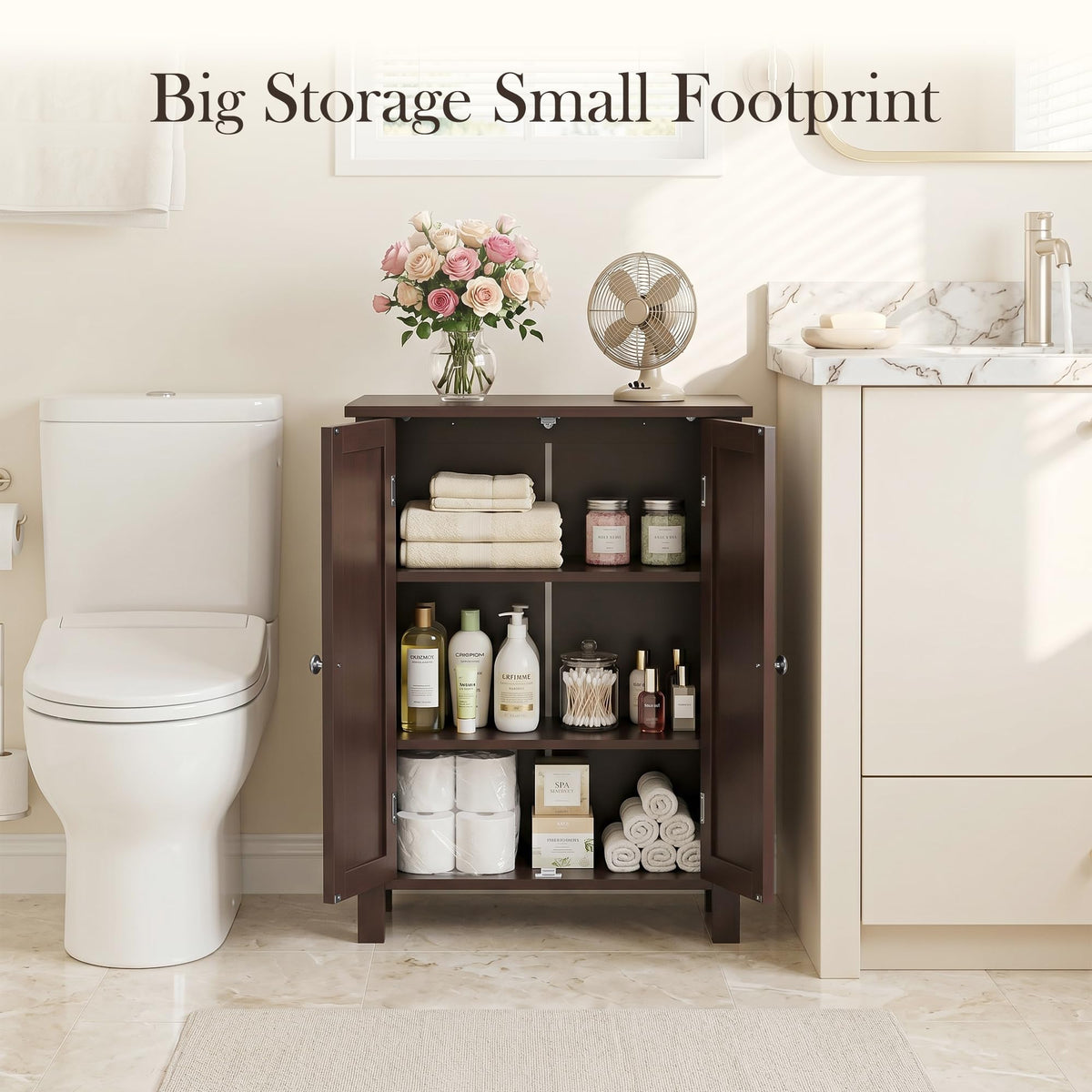 SUPER DEAL Modern Bathroom Floor Storage Cabinet with Adjustable Shelf and Double Door Rust Proof, Living Room Modern Home Furniture Storage Organizer Cabinet, Brown