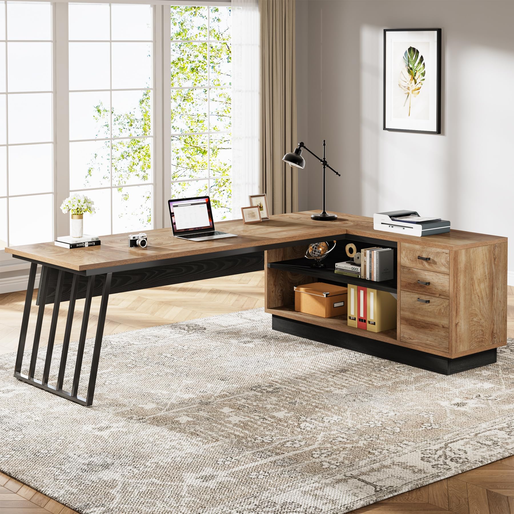 L-Shaped Executive Desk with Cabinet & Drawers