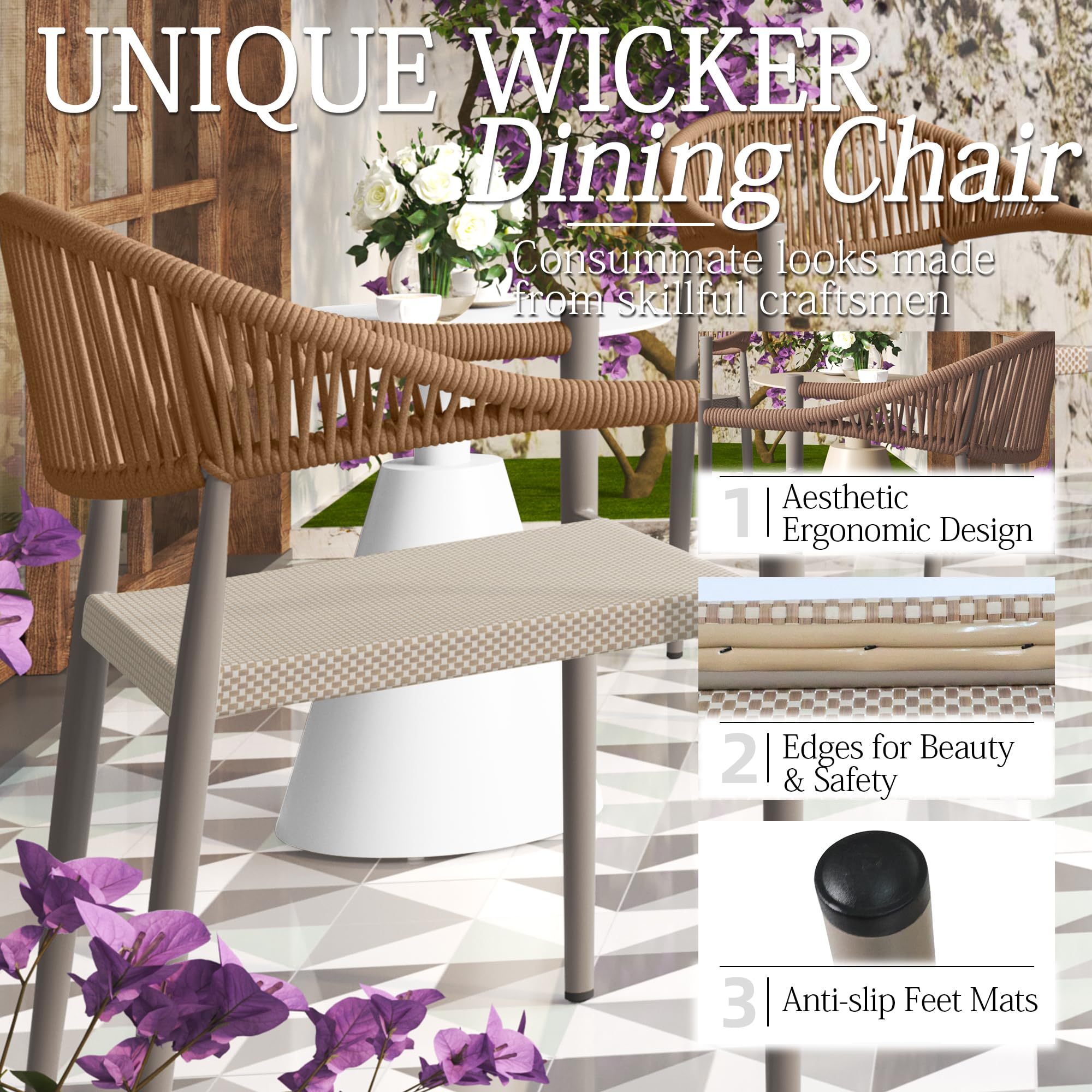 TWT Patio Chairs Set of 4, Outdoor Stackable Dining Chairs for All Weather, Breathable Textilene Garden Furniture for Backyard Deck, Aluminum Alloy Frame, PE Rattan, Light Brown