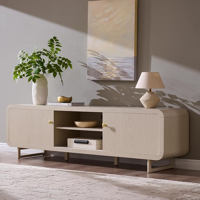 Curved TV Stand with Sliding Doors