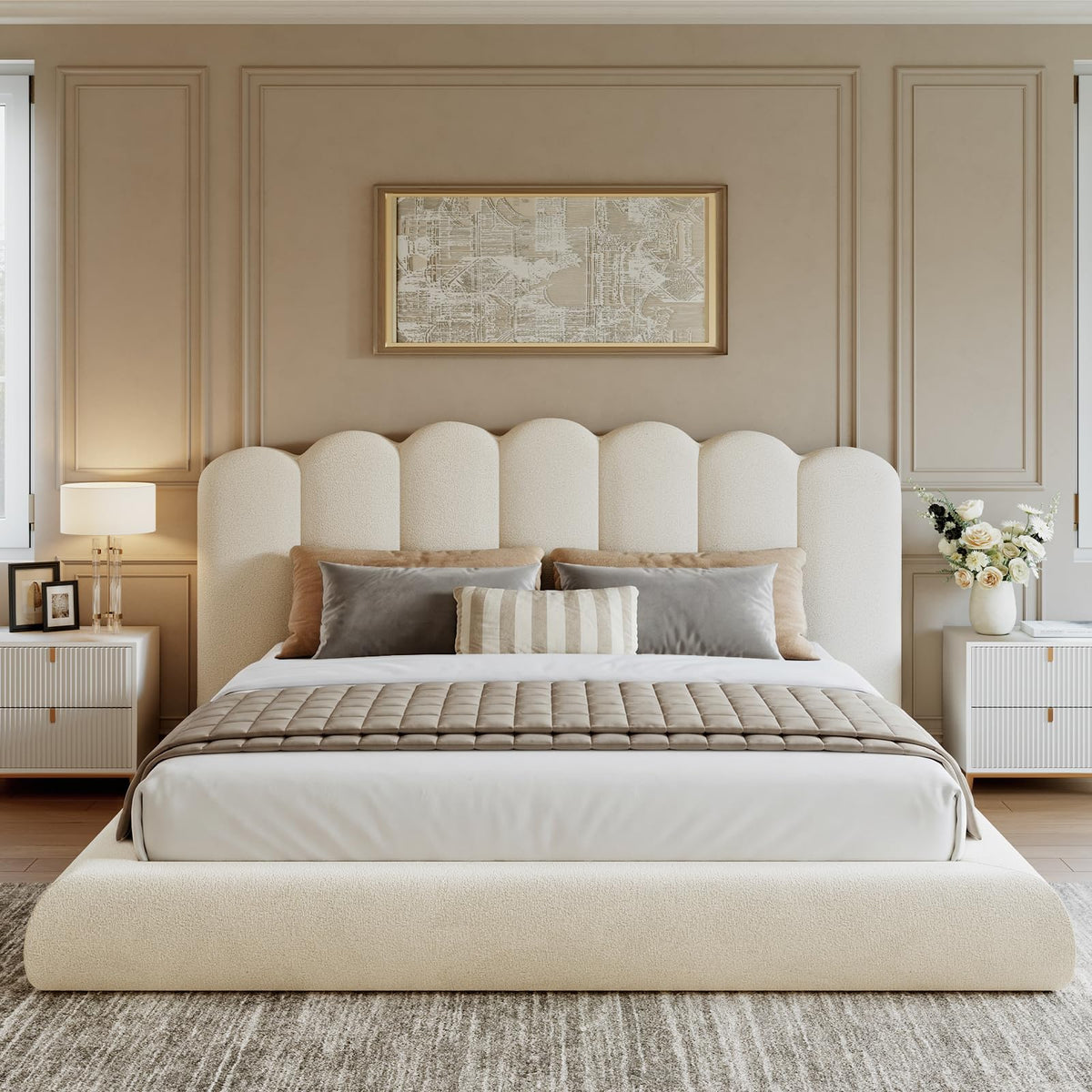 Glirun King Size Cloud Bed Frame with Wave Headboard, Upholstered Platform Bed with Velvet Finish, Sturdy Metal Slat Support, Noise-Free, No Box Spring Needed, Cream White