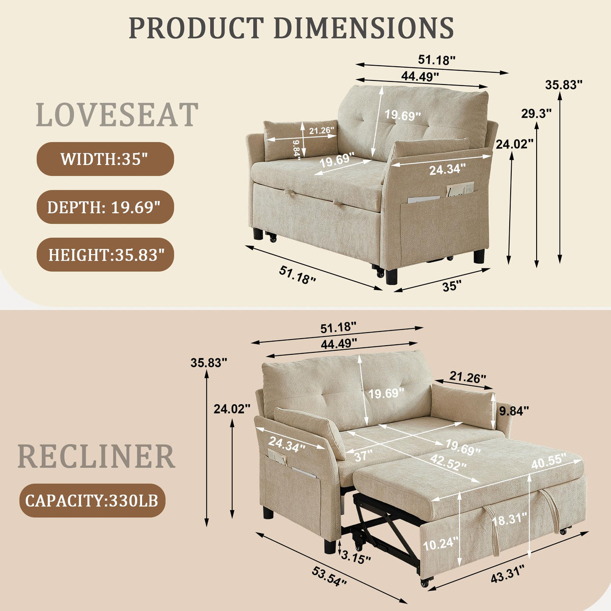 Corduroy Convertible Loveseat Sofa Bed