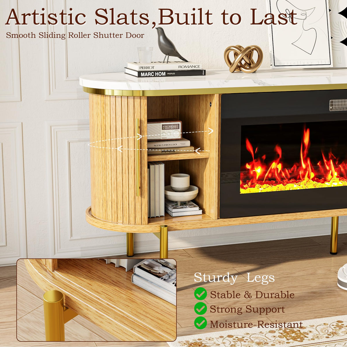 PRETZI 70" Fluted Fireplace TV Stand w/40 Electric Fireplace for 80" TVs