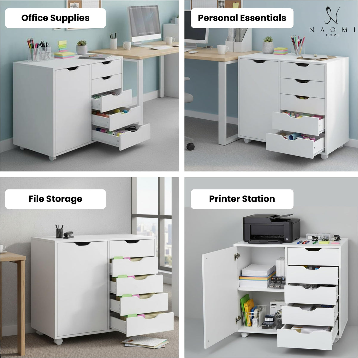 Naomi Home Amy 5-Drawer Rolling Office File Cabinet - White