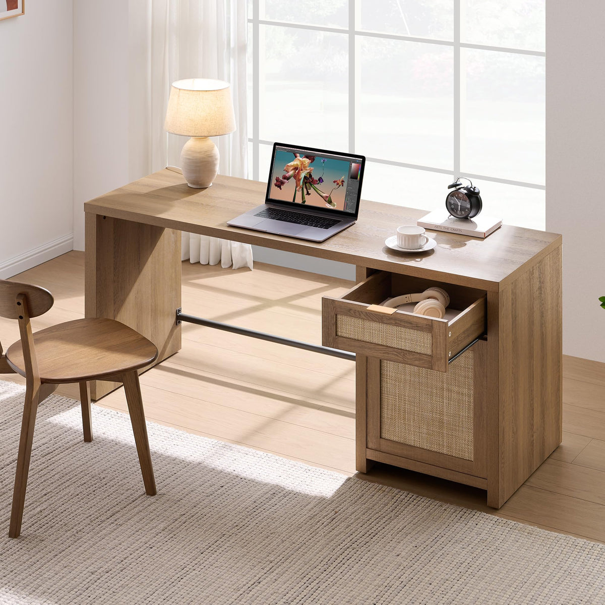 SICOTAS Rattan Computer Desk Wood Desk with Drawer, 59" Home Office Desk