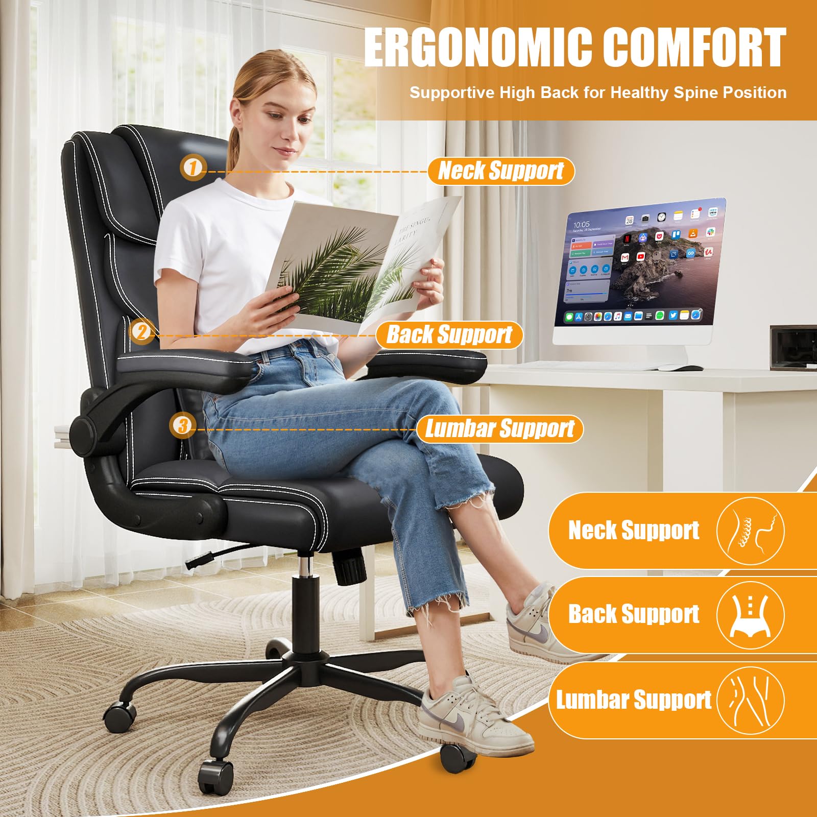 Mid-High Back Leather Office Chair with Flip-Up Armrests