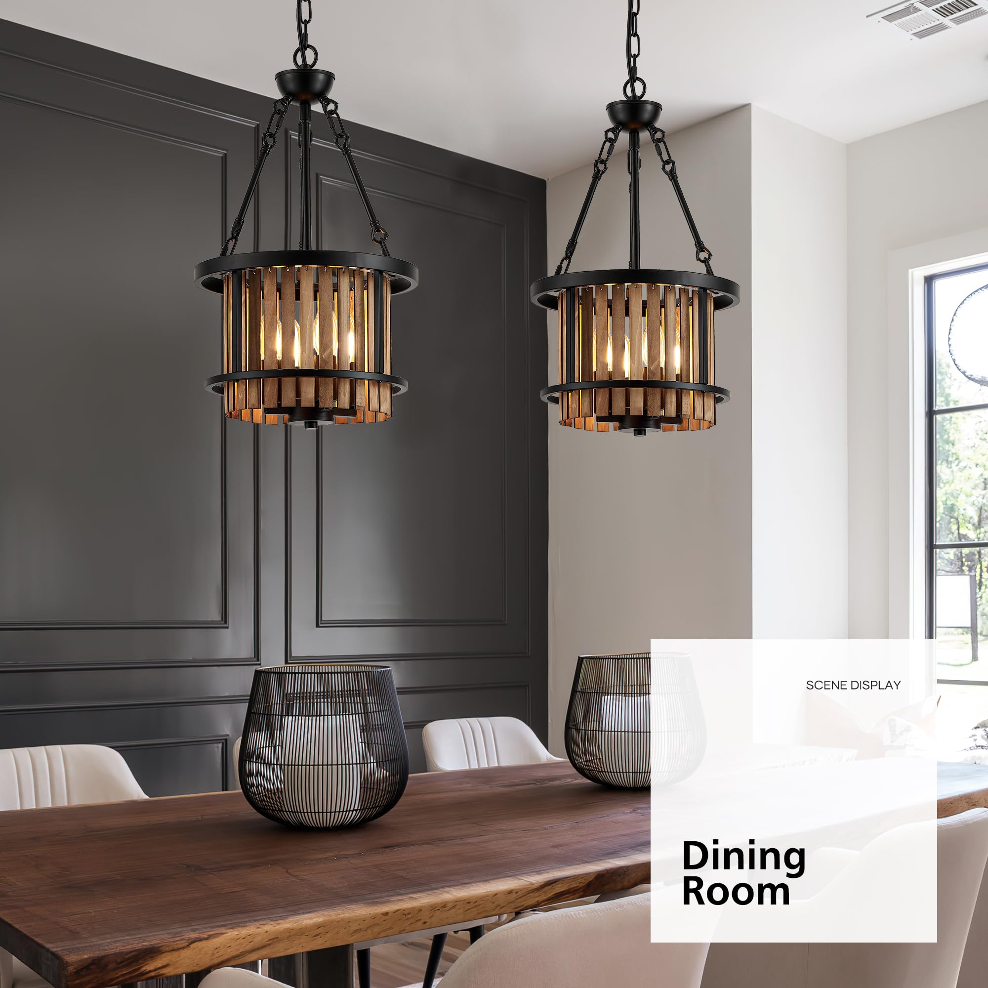Aol furin 4-Light Drum Chandelier for Dining Room，11.8" Rustic Farmhouse Dining Room Light Fixture，Wood Grain and Vintage Black Metal Chandeliers for Kitchen Entryway Living Room