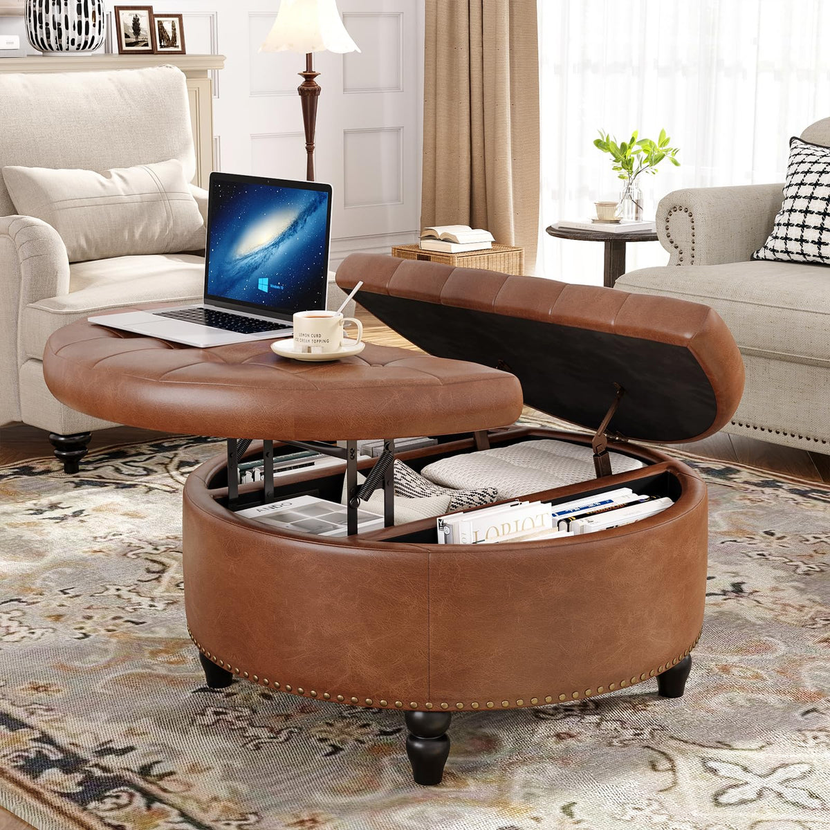 FiveWillowise 31.5 Inch Large Round Ottoman with Storage Circular,Brown