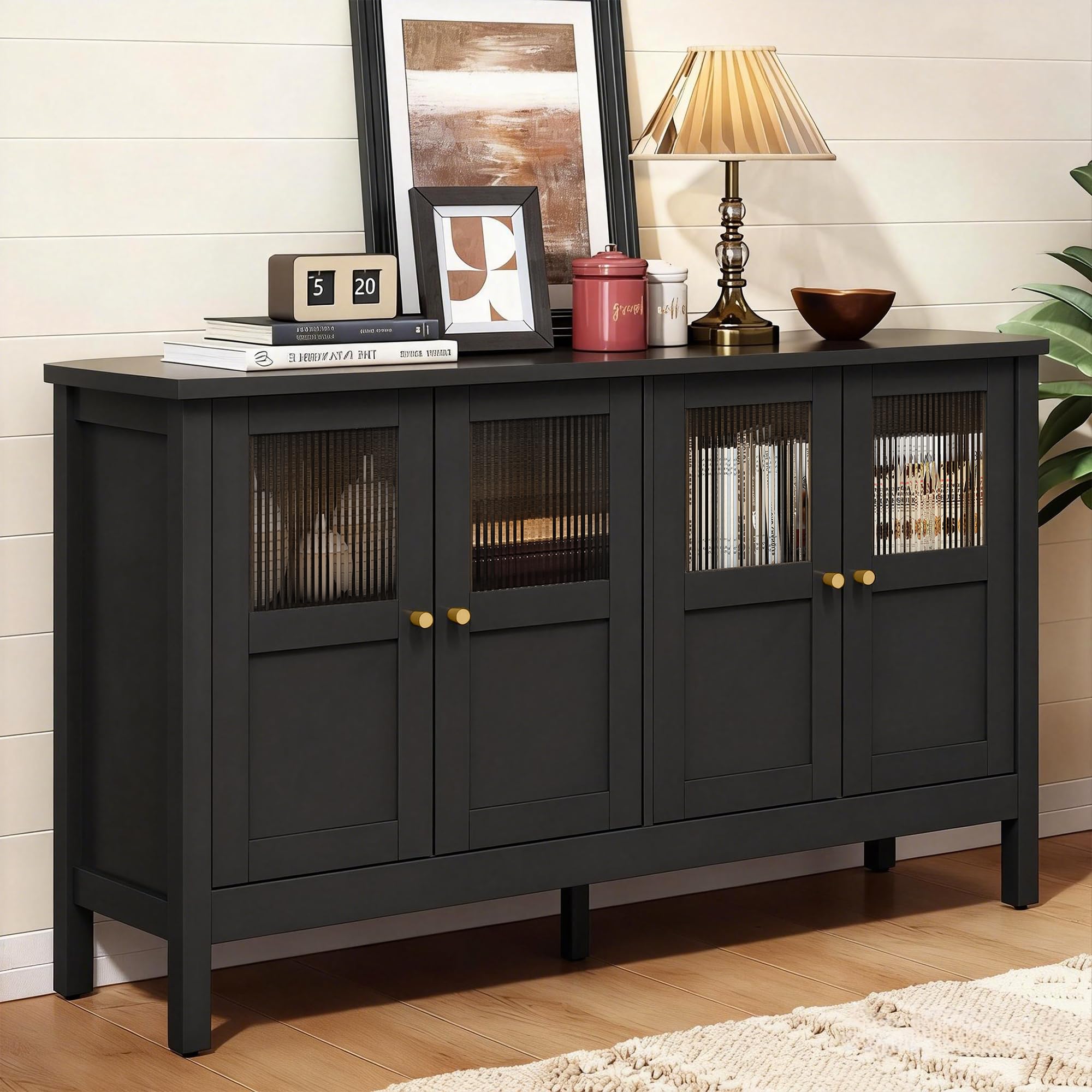 RoyalCraft Buffet Cabinet with Storage, Modern Sideboard with 4 Acrylic Doors & Adjustable Shelves, Wood Credenza Accent Coffee Bar Table for Kitchen, Dining Room, Living Room, Entryway, Black