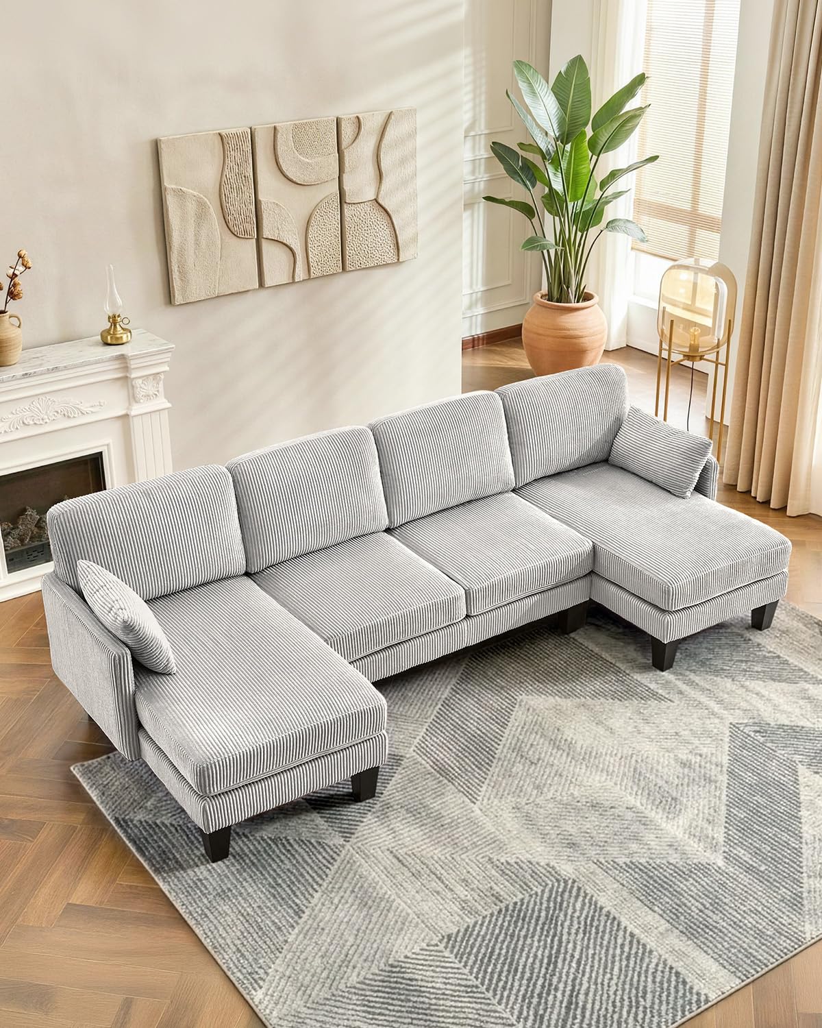 Karl home Corduroy U-Shape Sectional w/ Arm Pillows 108", Light Grey