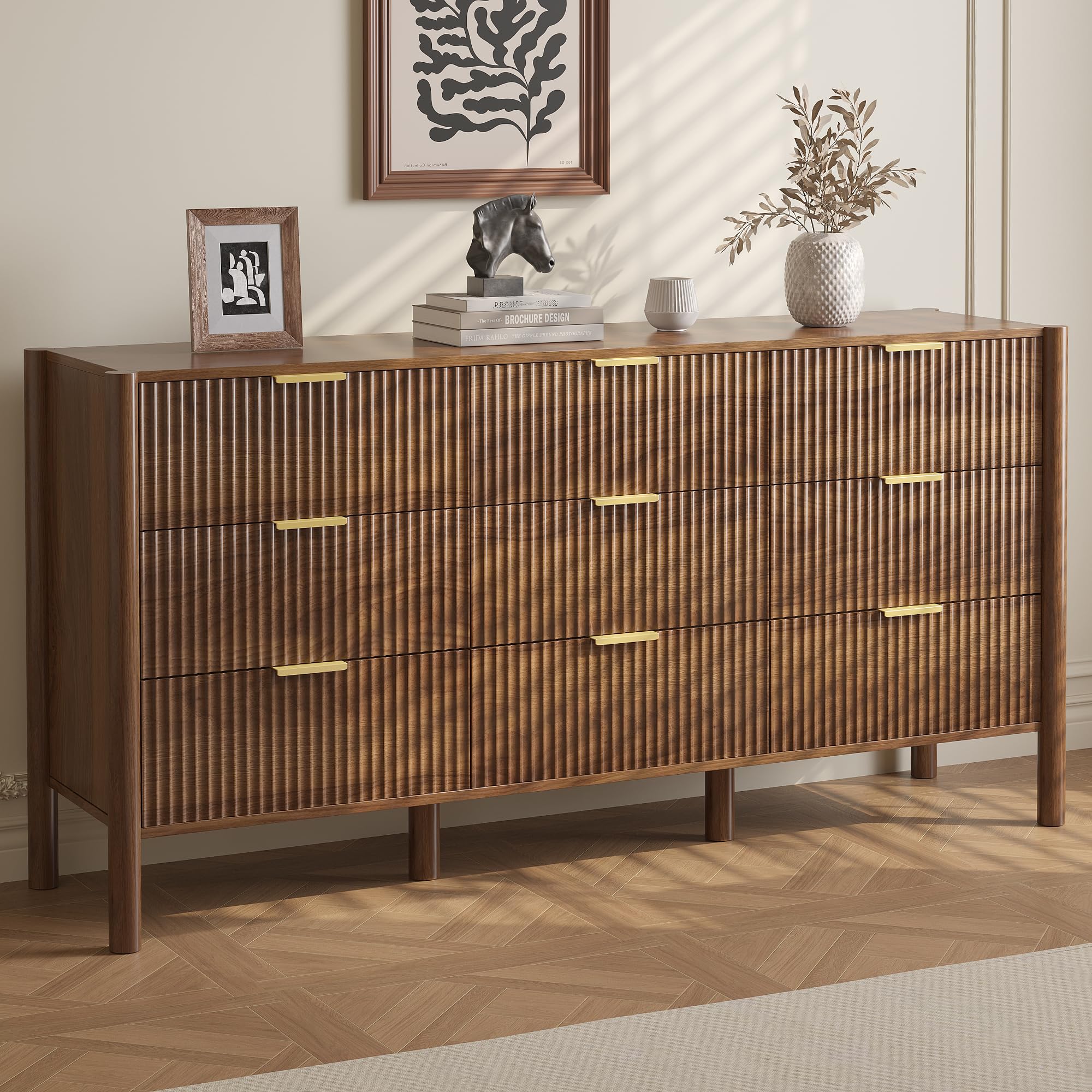 CHUWELL Fluted Walnut Dresser for Bedroom, 63" Wide Mid Century Modern Chest of Drawers with 4 Solid Wood Cylindrical Legs & Gold Metal Handles, 9 Drawer Large Dresser for Bedroom