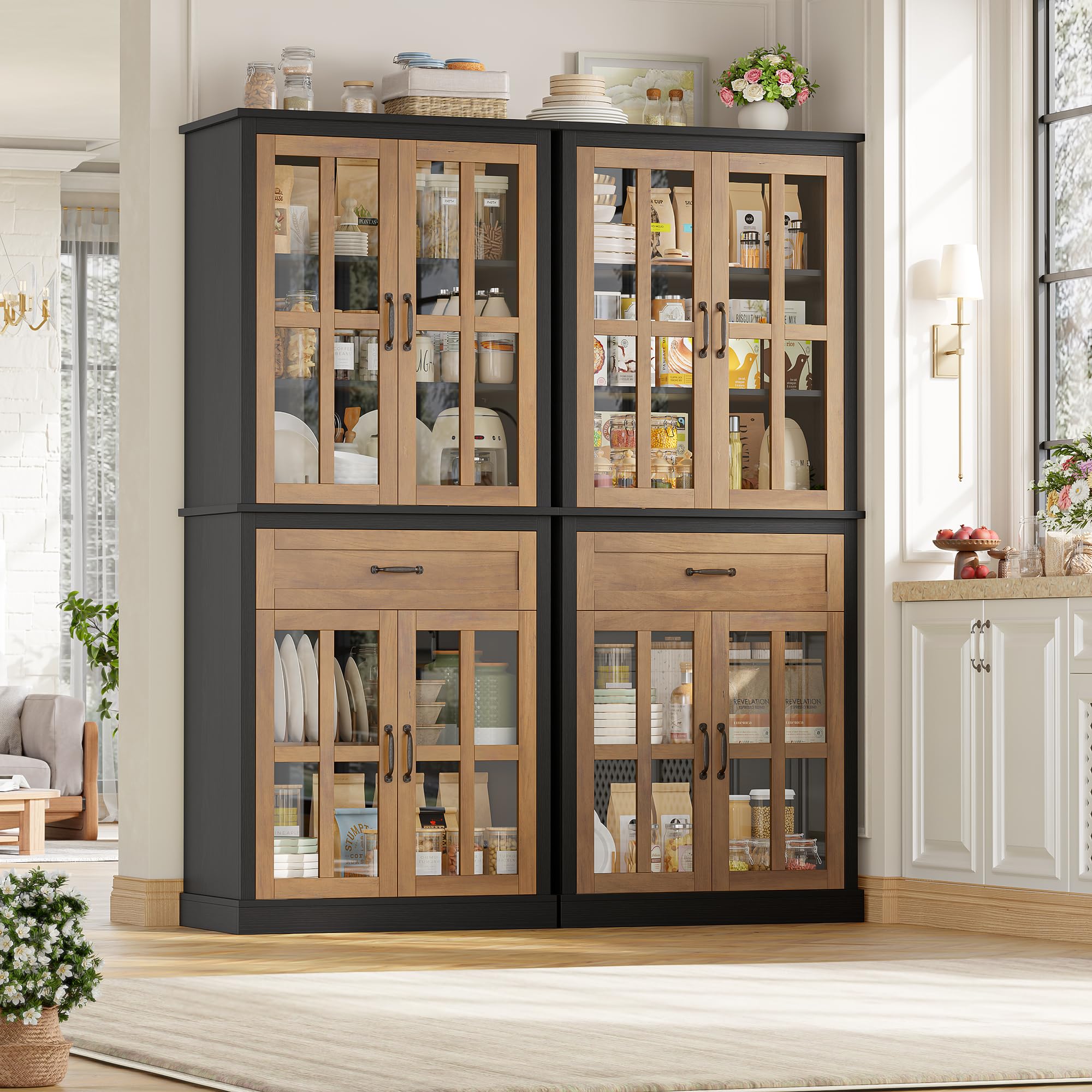 Tall Kitchen Pantry Cabinet with Glass Doors & Drawer