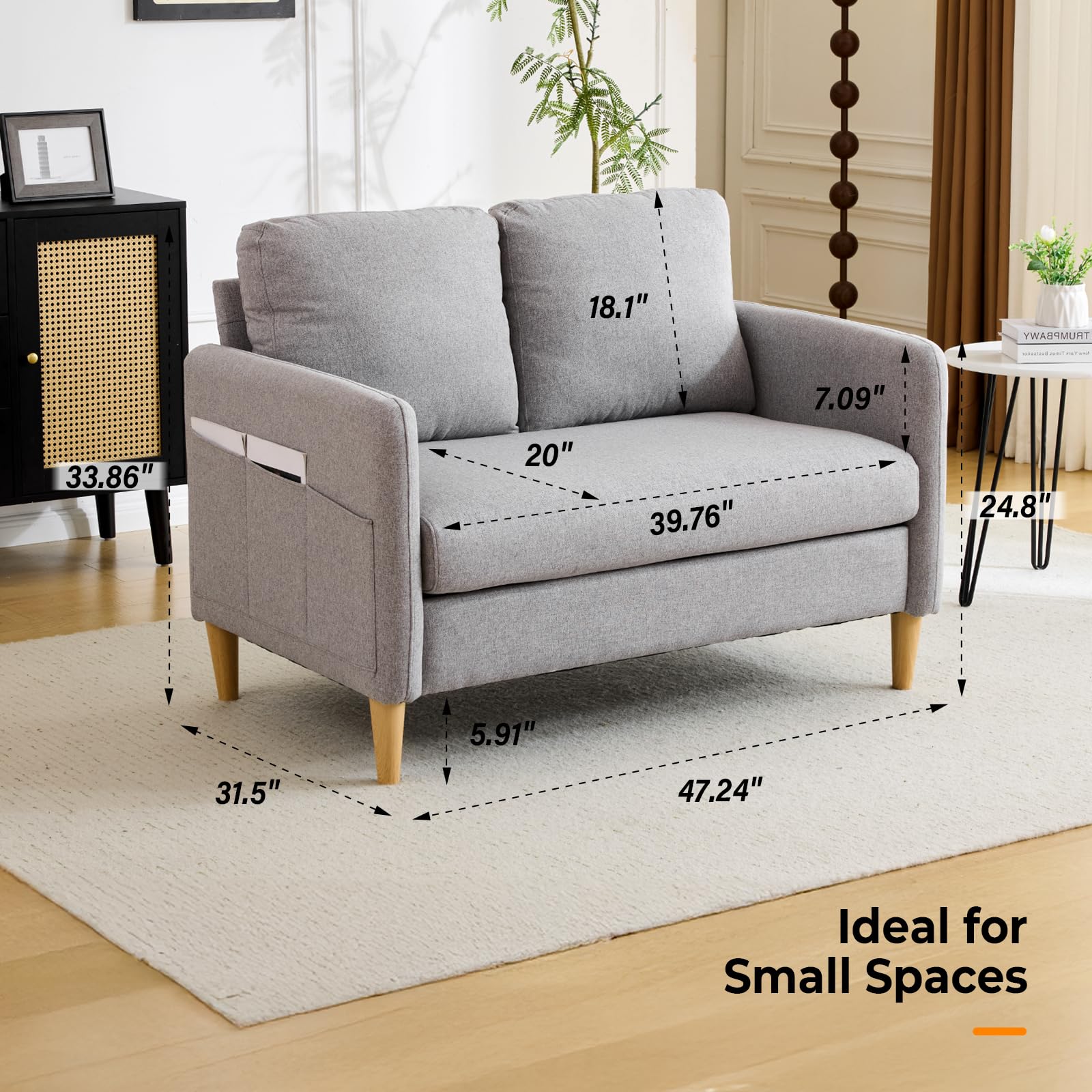 Linen Loveseat Sofa with Side Storage