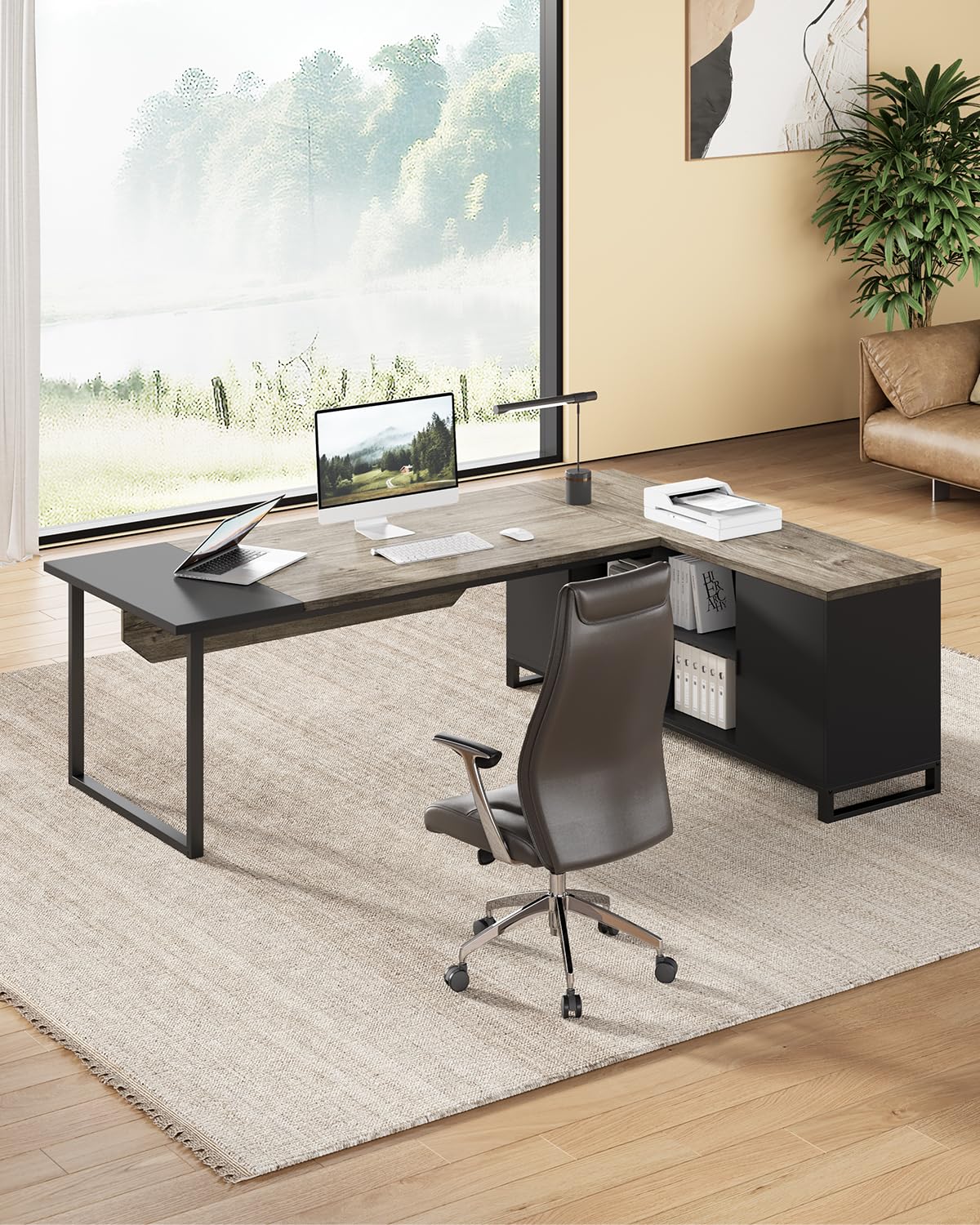 L-Shaped Executive Desk with File Cabinet, 70.8" – Grey & Black