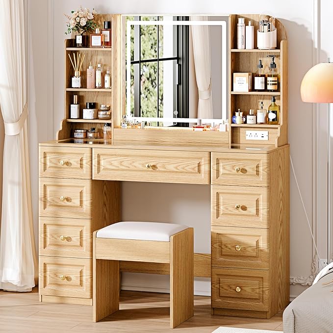 Makeup Vanity Desk with Mirror, Lights & Glass Top