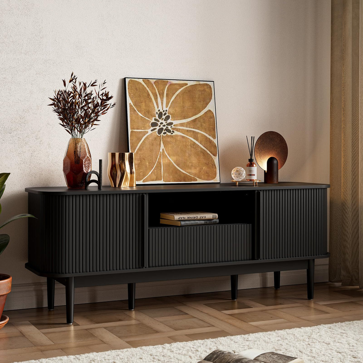 Fluted Sliding Door TV Stand