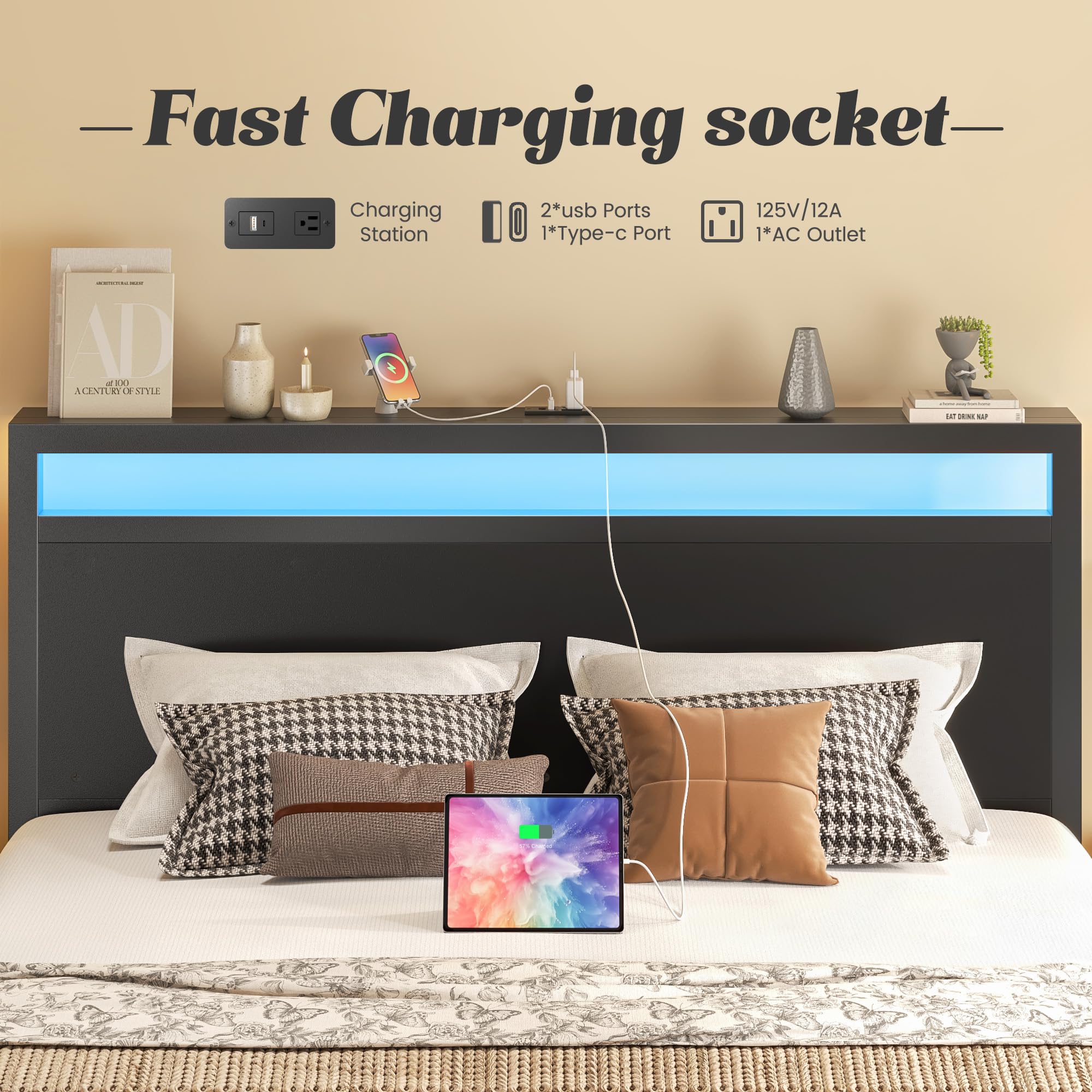 Queen Bed Frame with LED Headboard & Built-in Charging Station