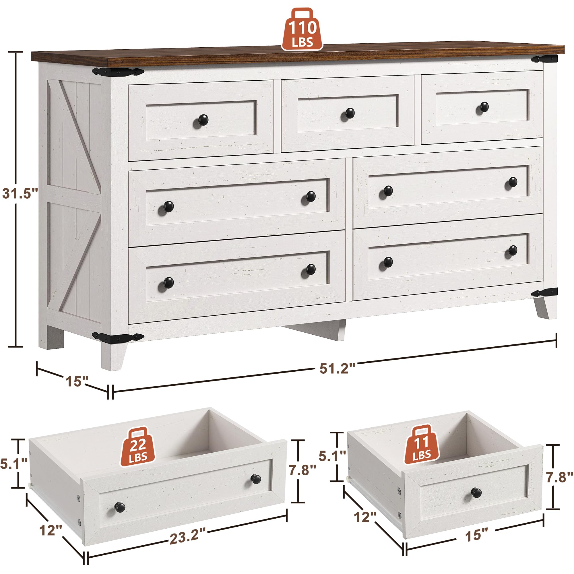 EnHomee Dresser for Bedroom with 7 Drawers White Dresser with Smooth Metal Rail TV Stand for Bedroom, Hallway, 15" D x 51.2" W x 31.5" H, Antique White
