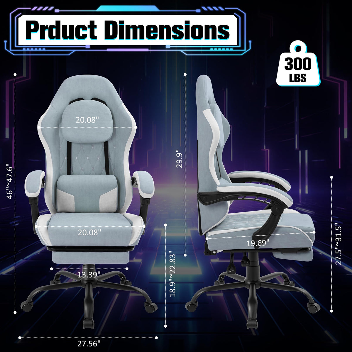Meilocar Gaming Chair with Footrest, Ergonomic Fabric Desk Chair, Blue