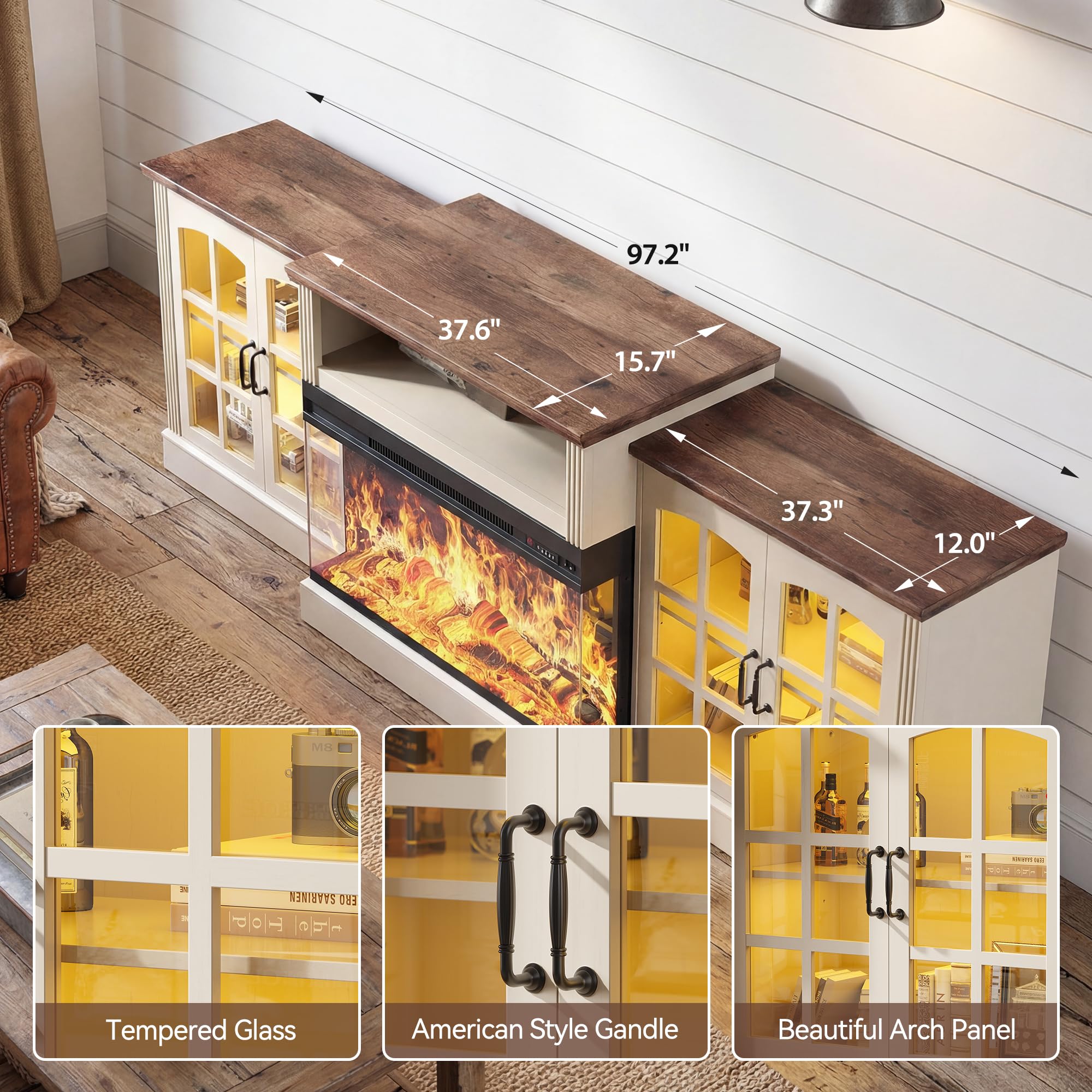 97" Farmhouse Fireplace TV Stand with 36" 3-Sided Electric Fireplace