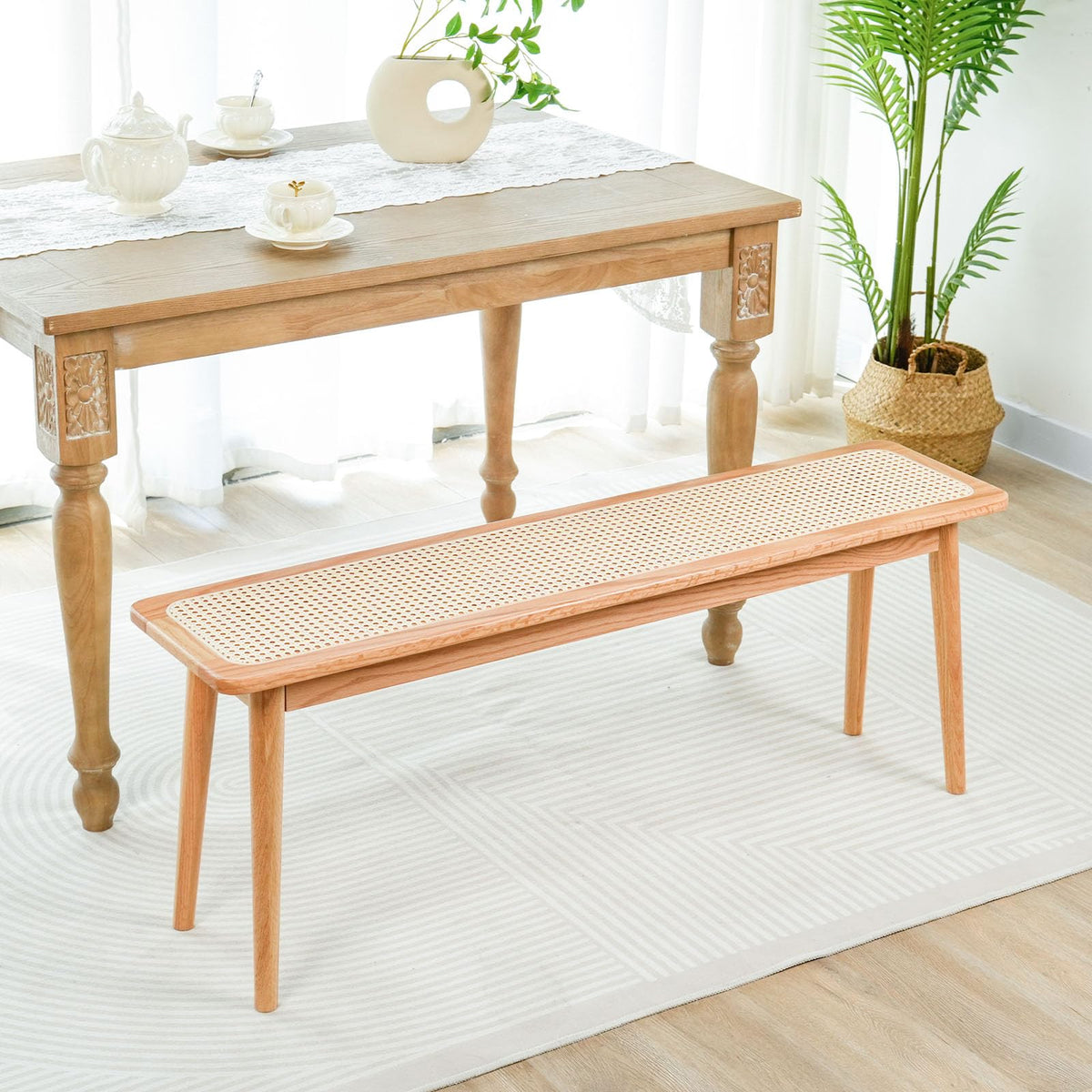 Solid Oak Rattan Bench