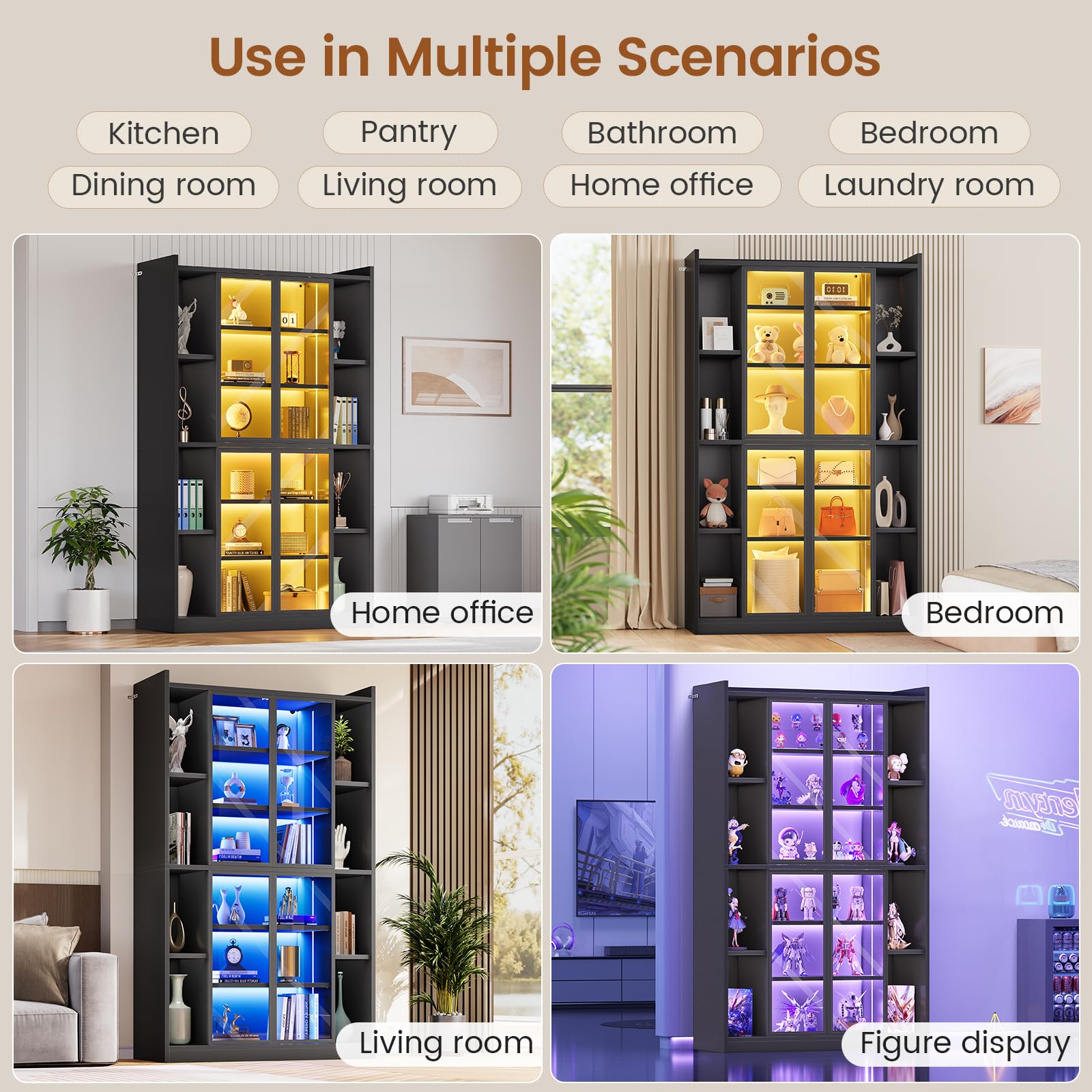 71" Glass Door Display Cabinet with RGB LED Lights & Adjustable Shelves