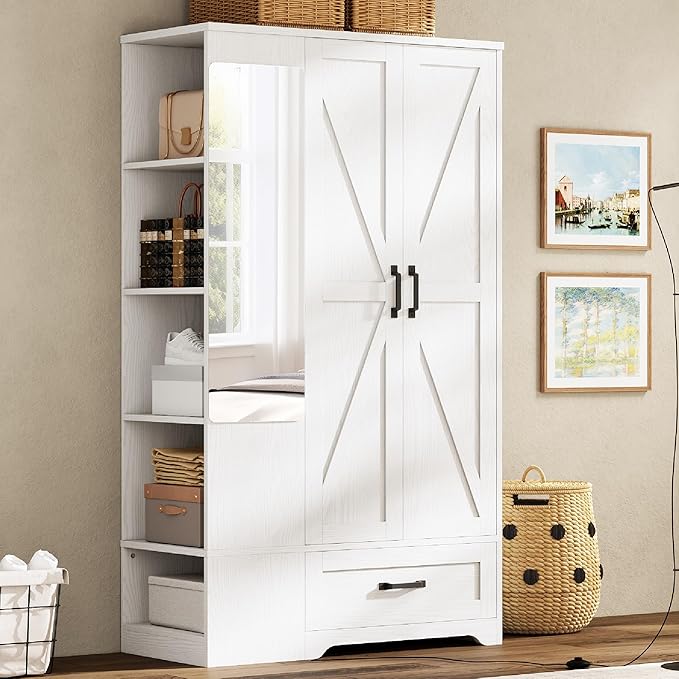 Wardrobe Closet with Mirror, Doors & Shelves