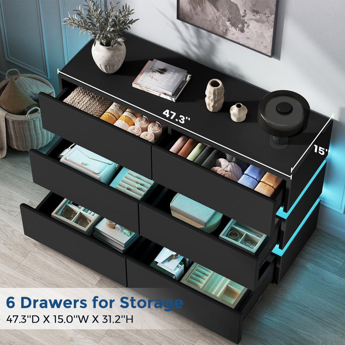 Jocoevol 6 Drawer Dresser with LED Lights, Modern Black Dresser for Bedroom