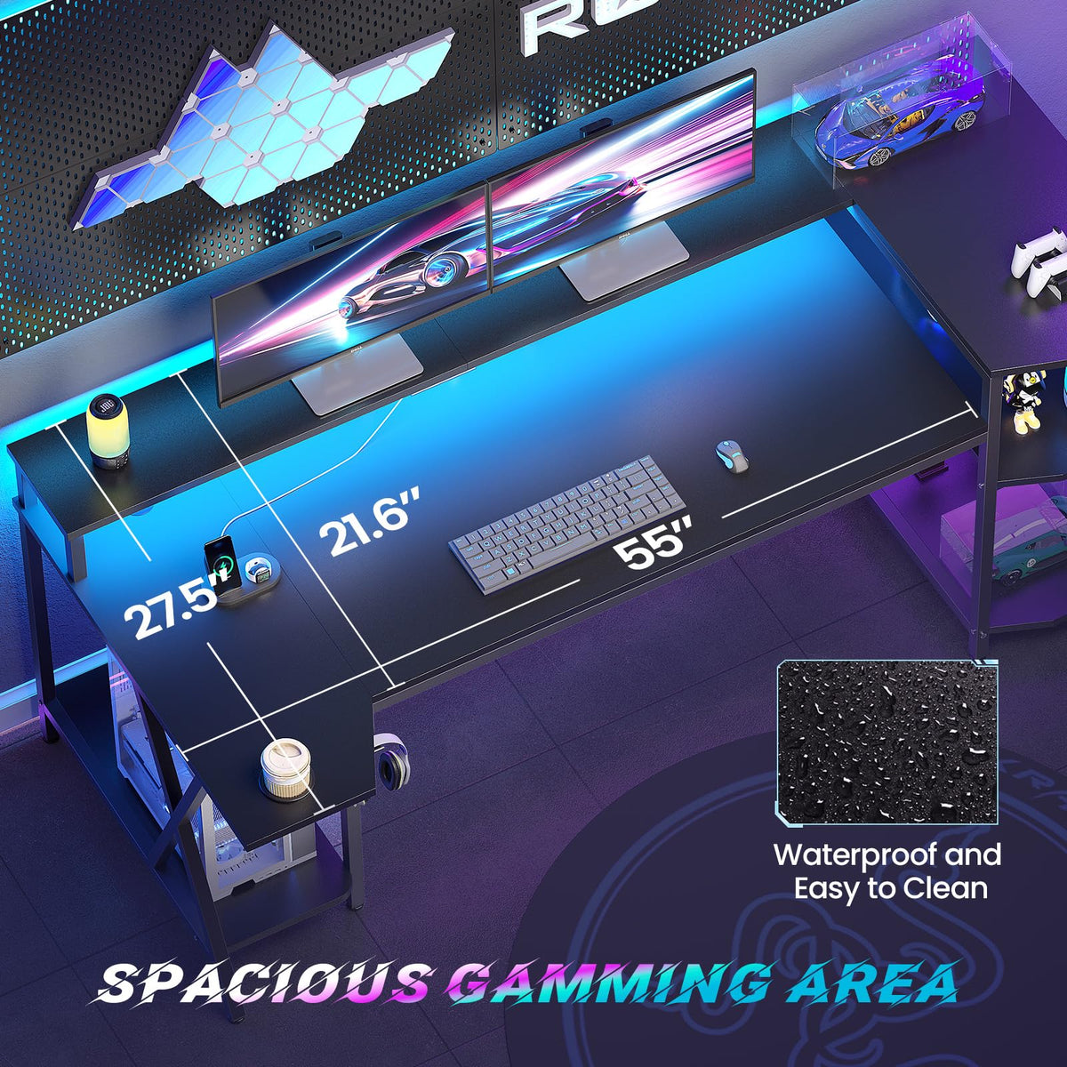 SEDETA Gaming Desk 70.8'' with LED Lights, Storage Shelves,Power Outlets